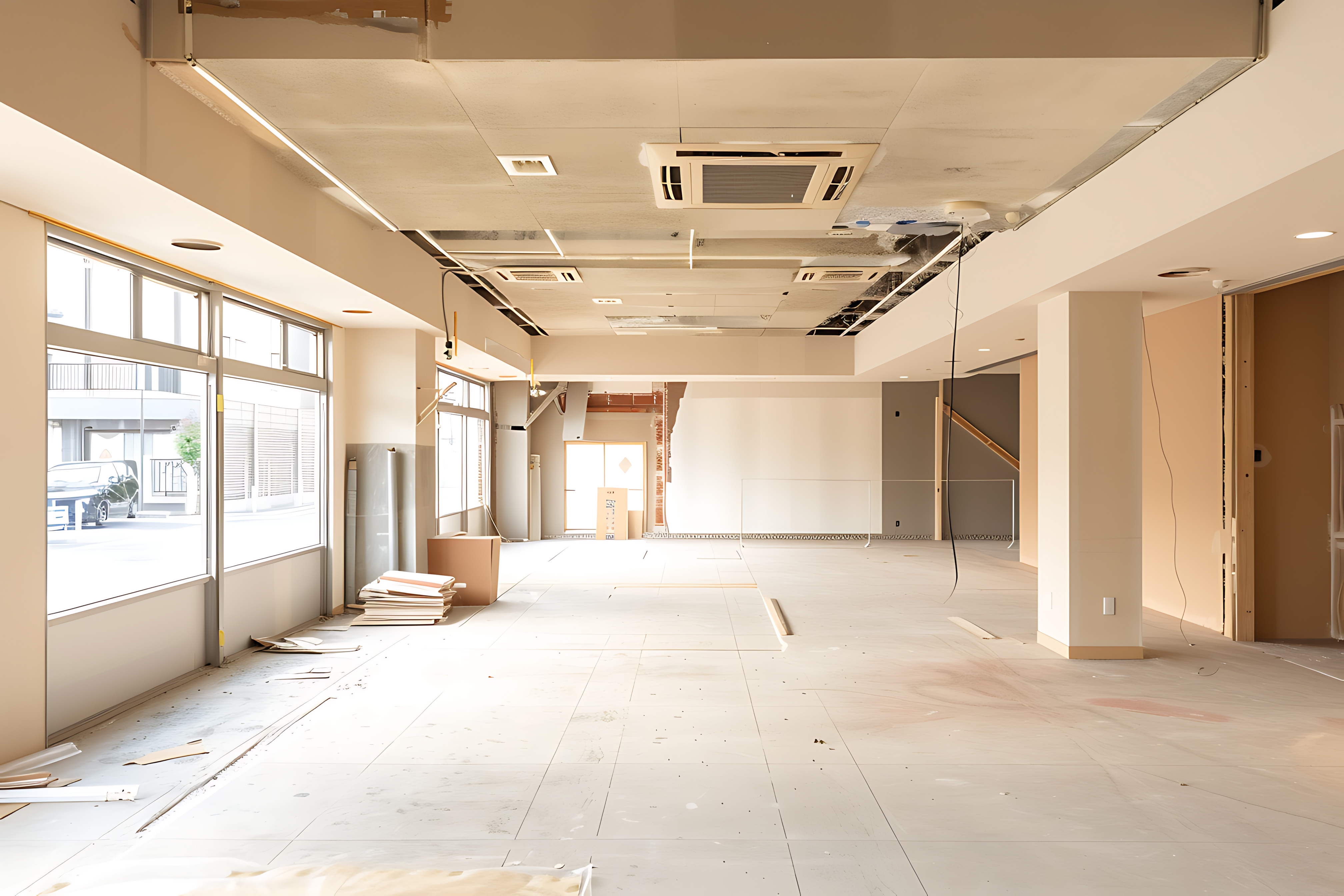 窓から光が差し込む店舗内装工事中の明るい空間